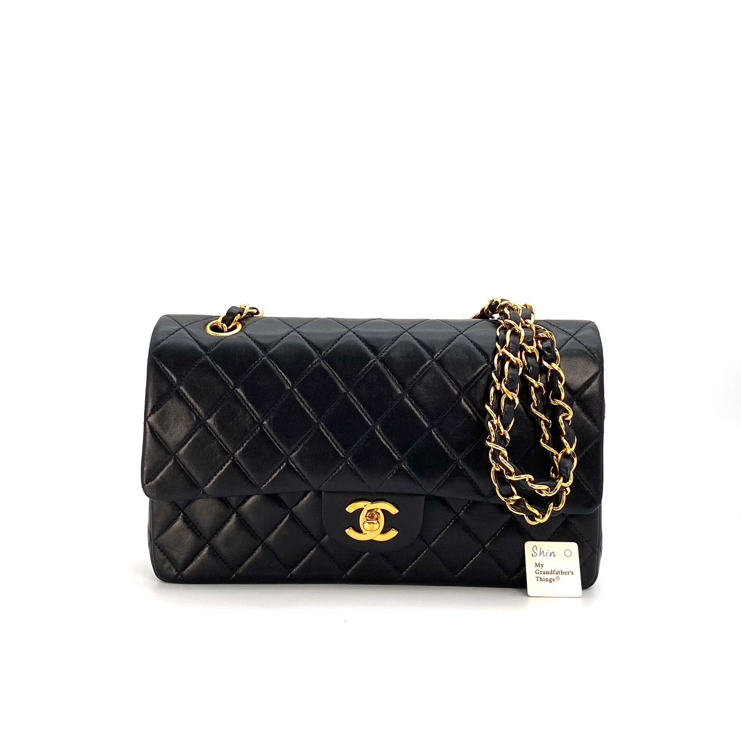 Shin, 5 Series Medium Classic Flap Black Lambskin with seal and card