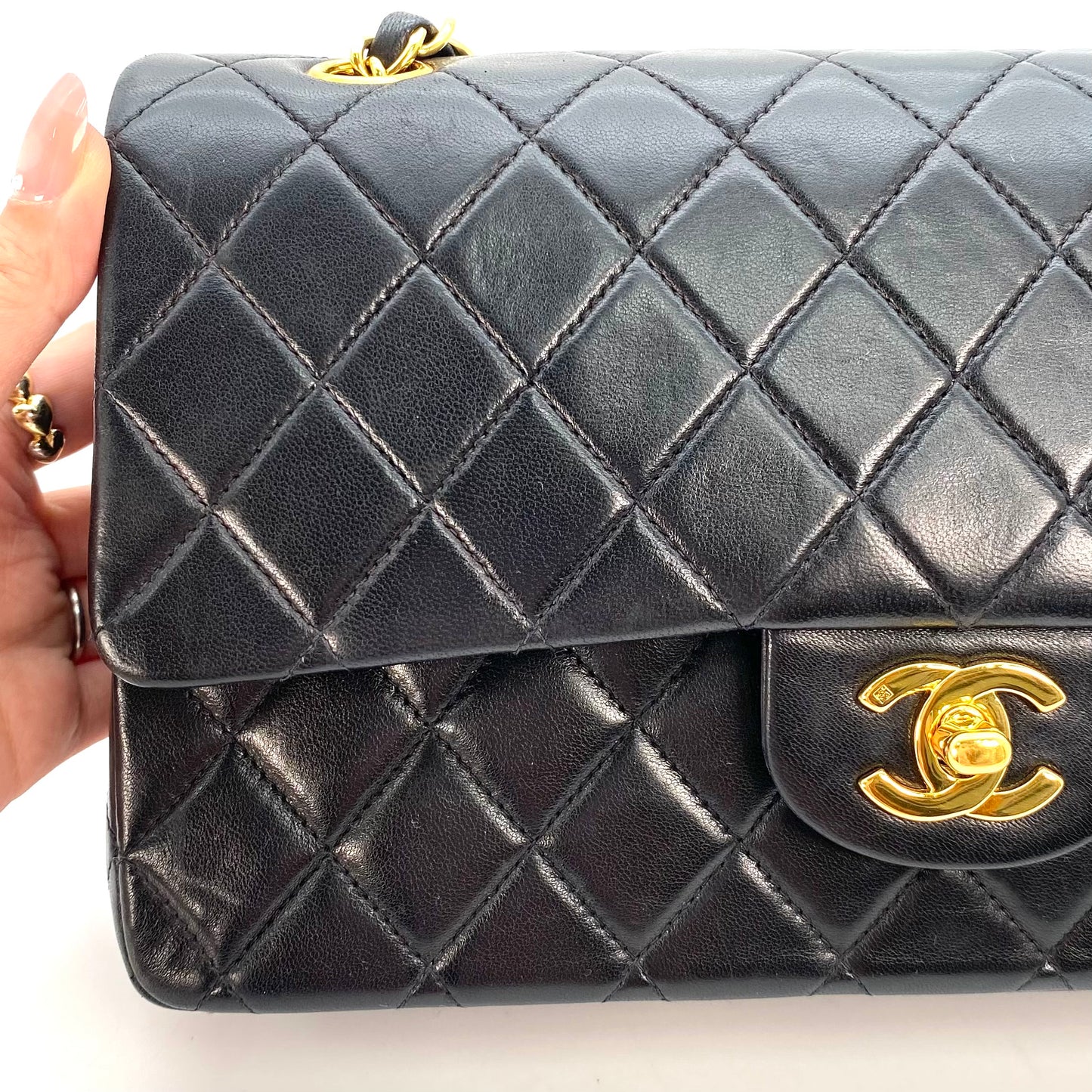 Shin, 5 Series Medium Classic Flap Black Lambskin with seal and card