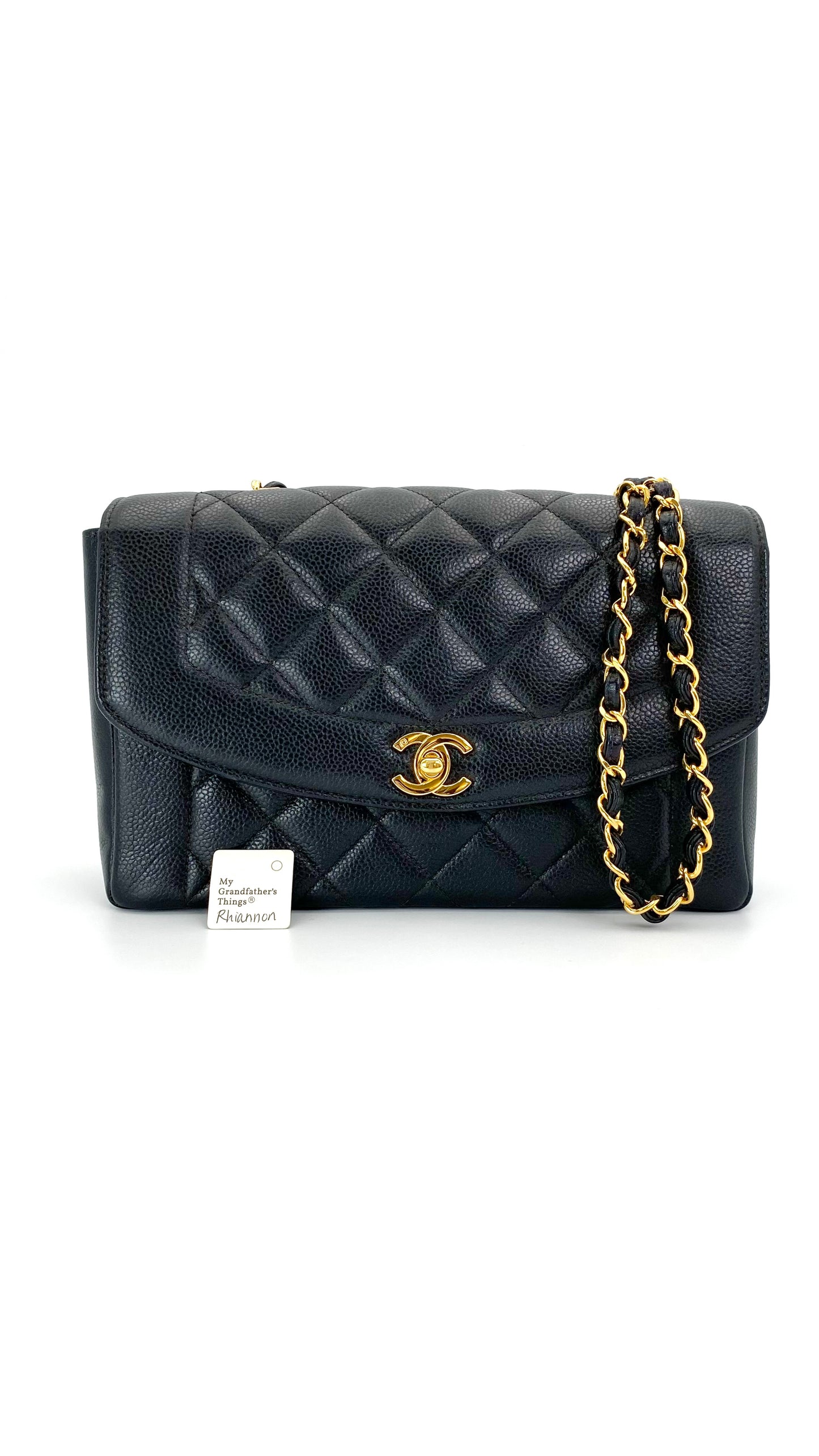 Rhiannon, Vintage Authentic Chanel 5 series medium black caviar tall diana with seal only