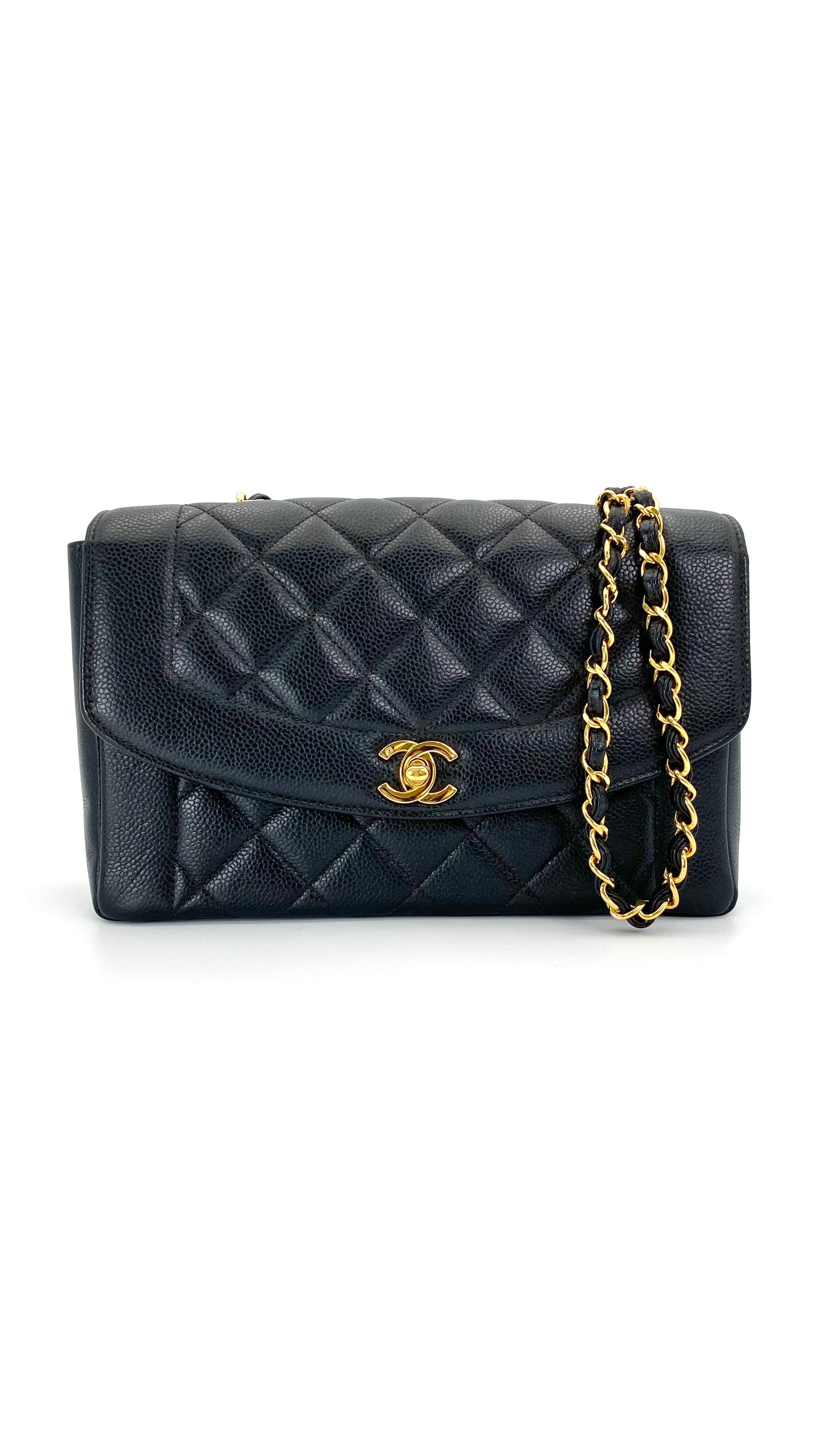 Rhiannon, Vintage Authentic Chanel 5 series medium black caviar tall diana with seal only