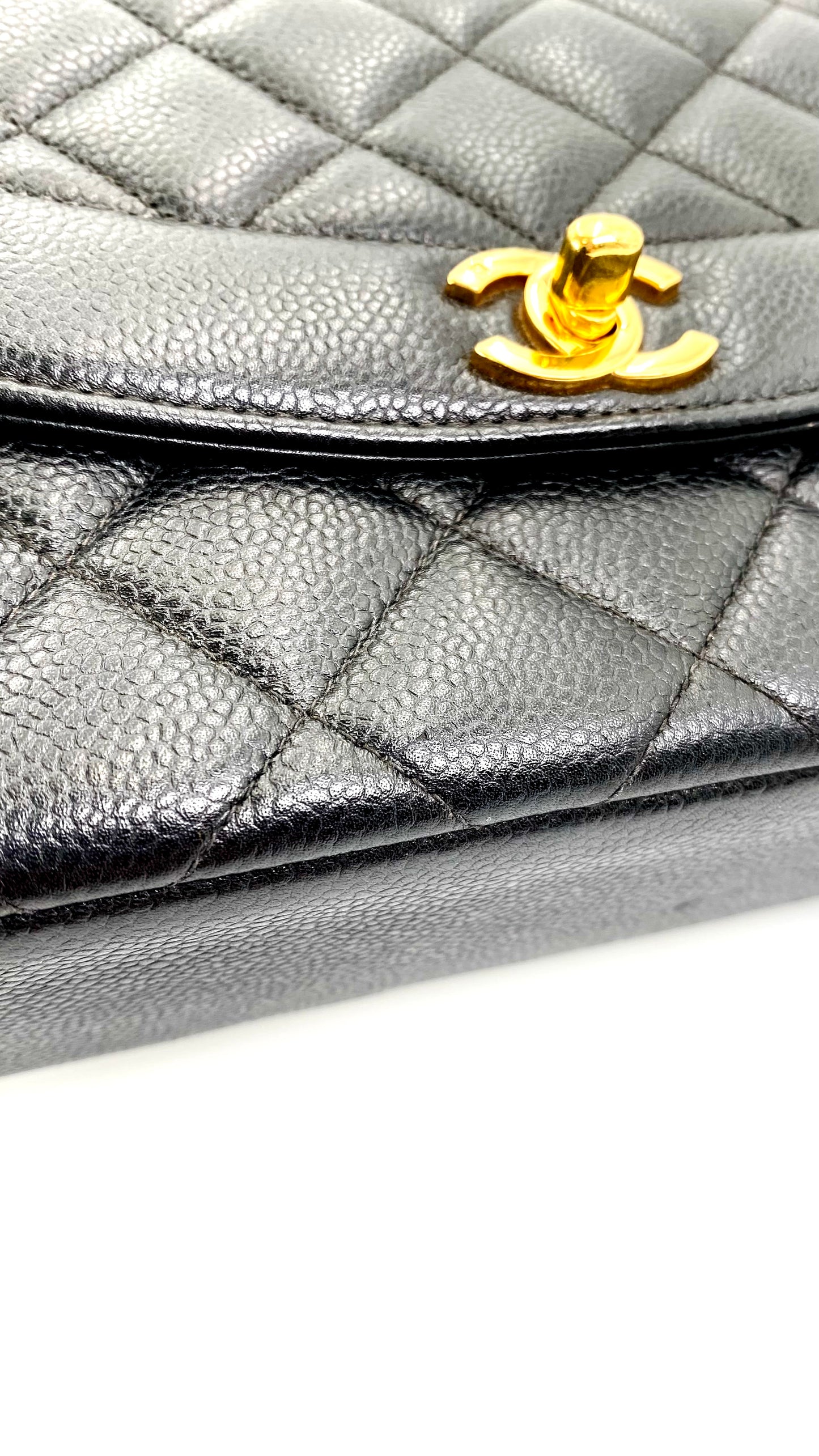 Rhiannon, Vintage Authentic Chanel 5 series medium black caviar tall diana with seal only