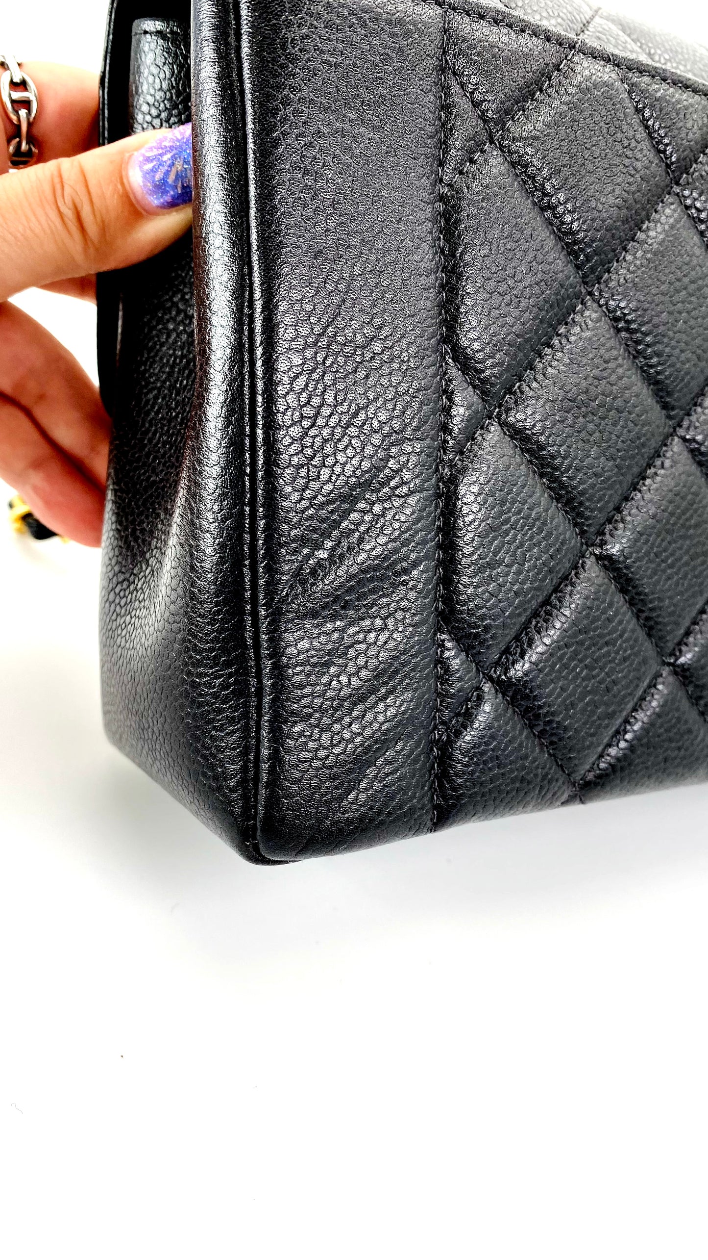 Rhiannon, Vintage Authentic Chanel 5 series medium black caviar tall diana with seal only