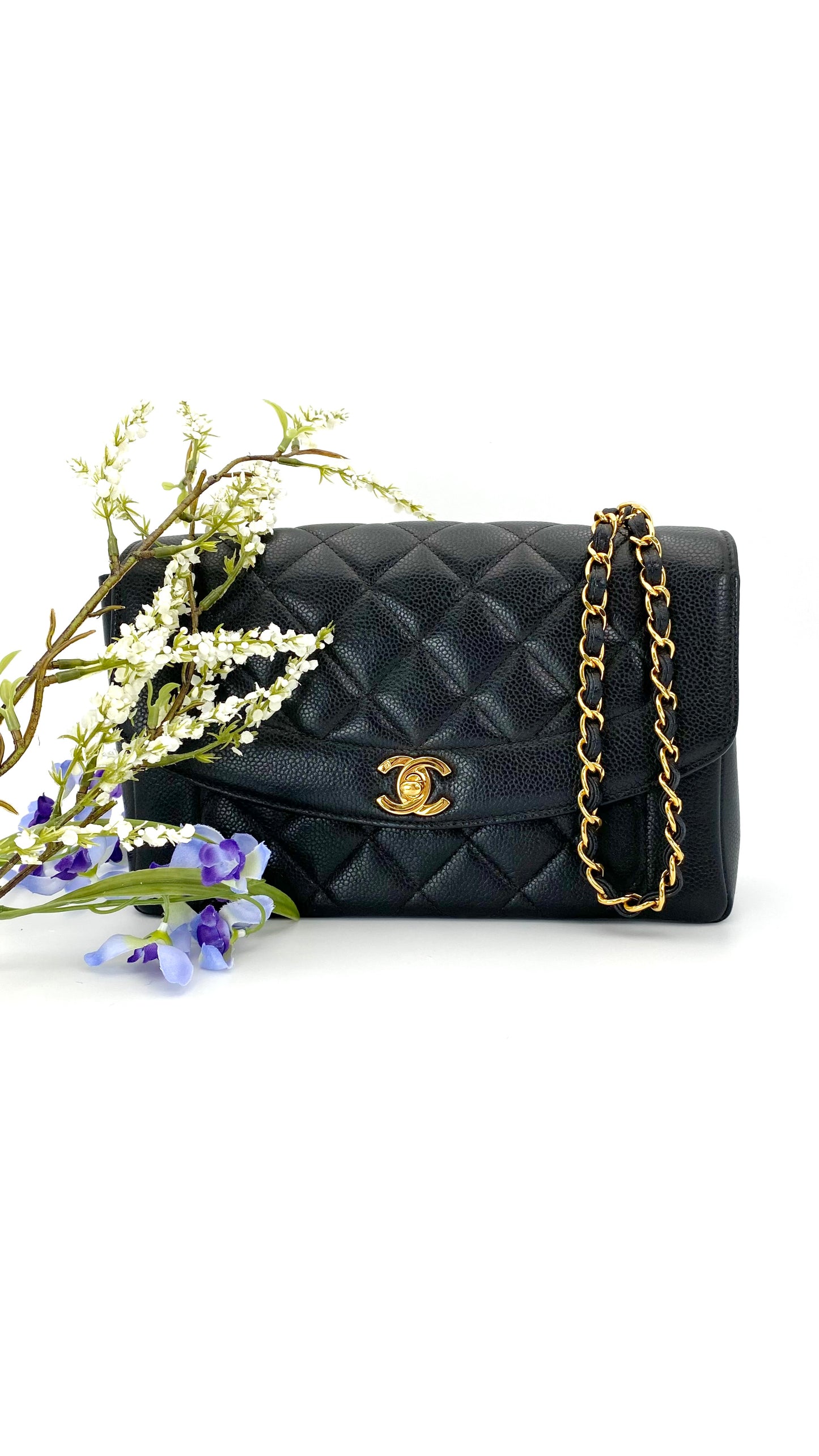 Rhiannon, Vintage Authentic Chanel 5 series medium black caviar tall diana with seal only
