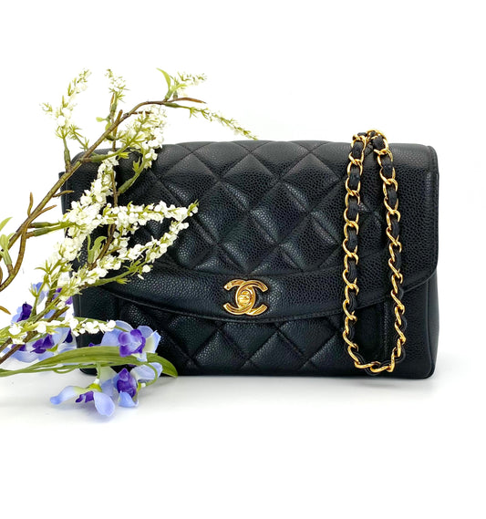 Rhiannon, Vintage Authentic Chanel 5 series medium black caviar tall diana with seal only