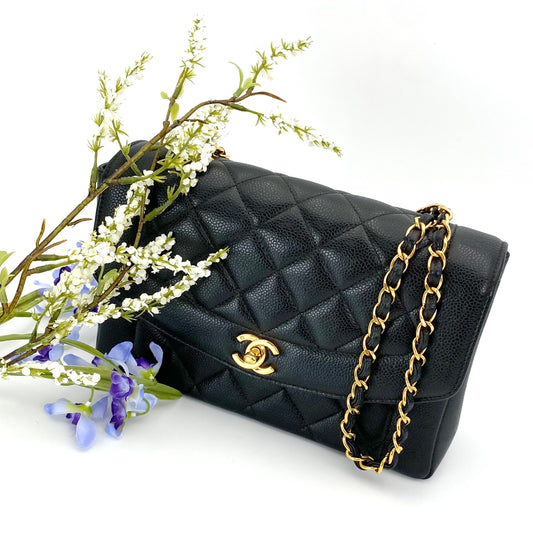 Rhiannon, Vintage Authentic Chanel 5 series medium black caviar tall diana with seal only