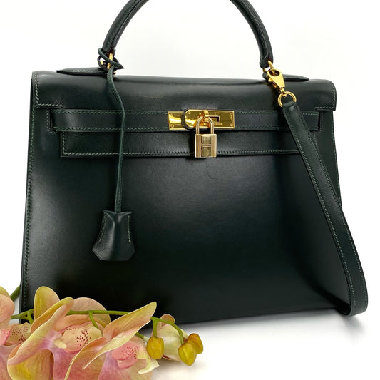 Clea, 1992 Kelly 32 Sellier Vert Box Gold Hardware with stamp OV