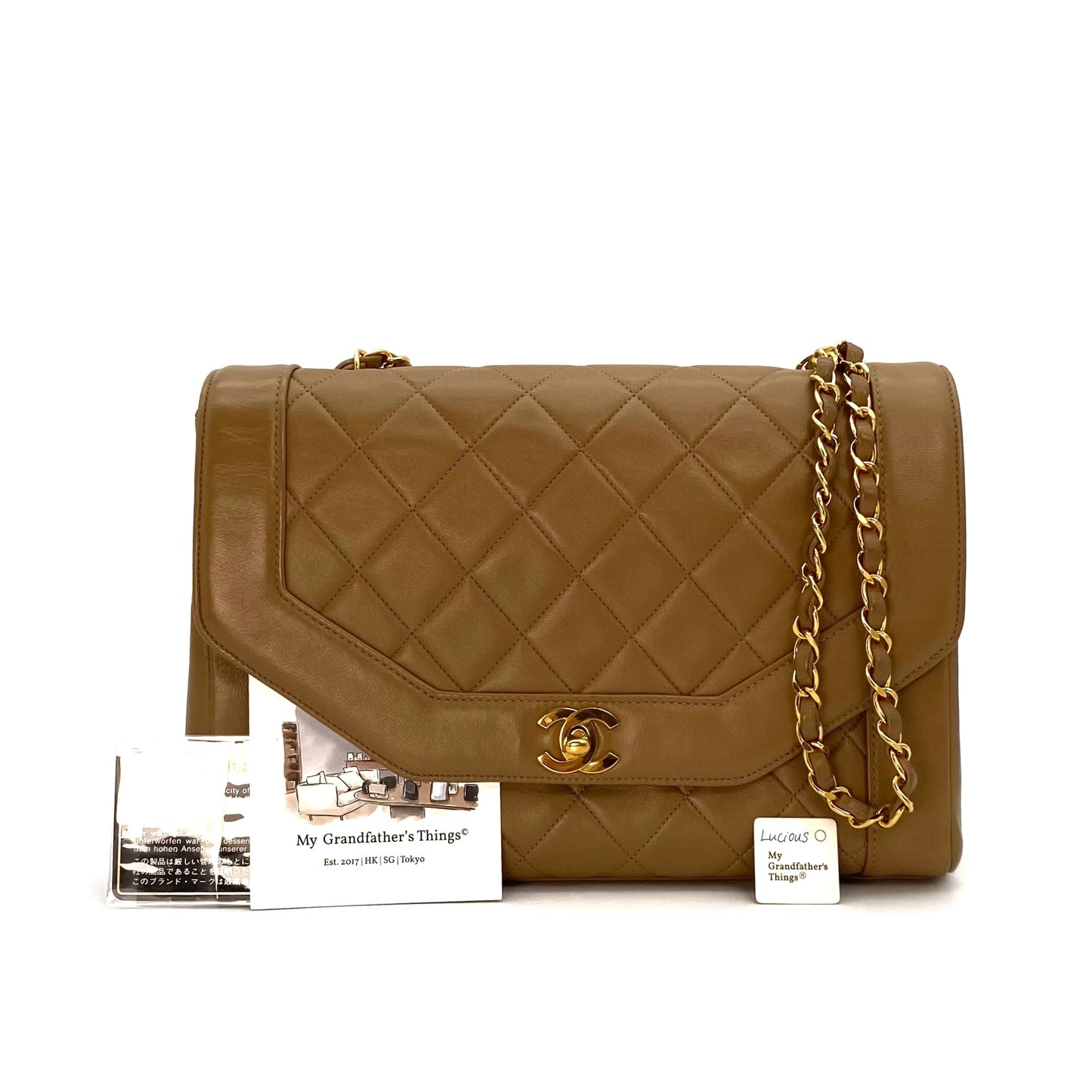 Lucius, 1 Series Tab Border Dark Beige Lambskin Flap with seal and card