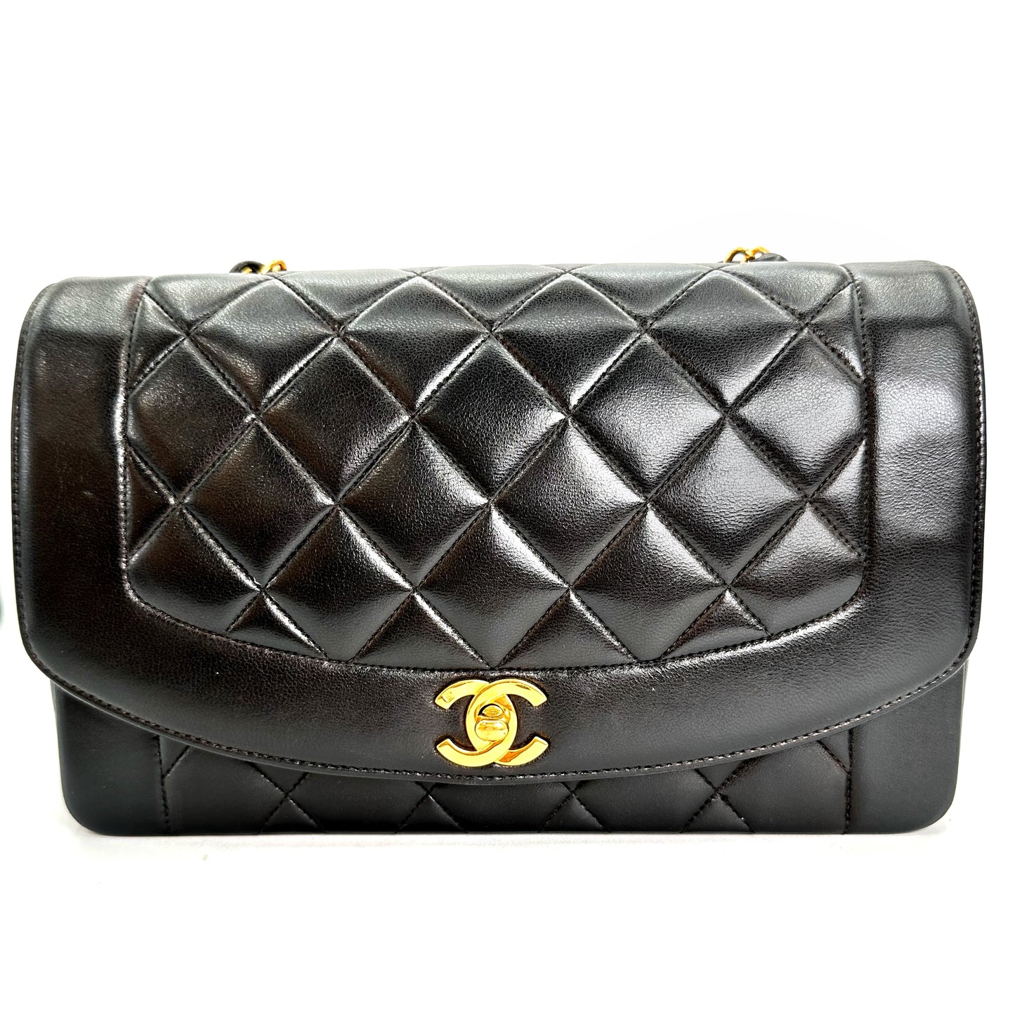 Sherry, Vintage Authentic Chanel 2 series medium black lambskin diana with seal and card