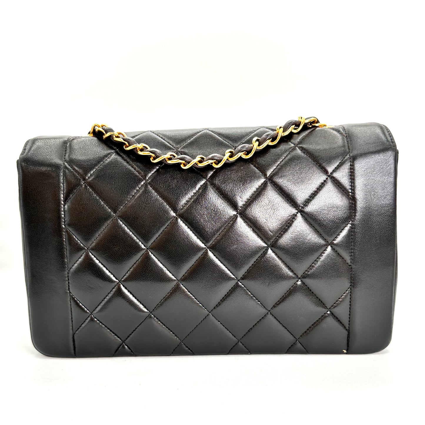 Sherry, Vintage Authentic Chanel 2 series medium black lambskin diana with seal and card