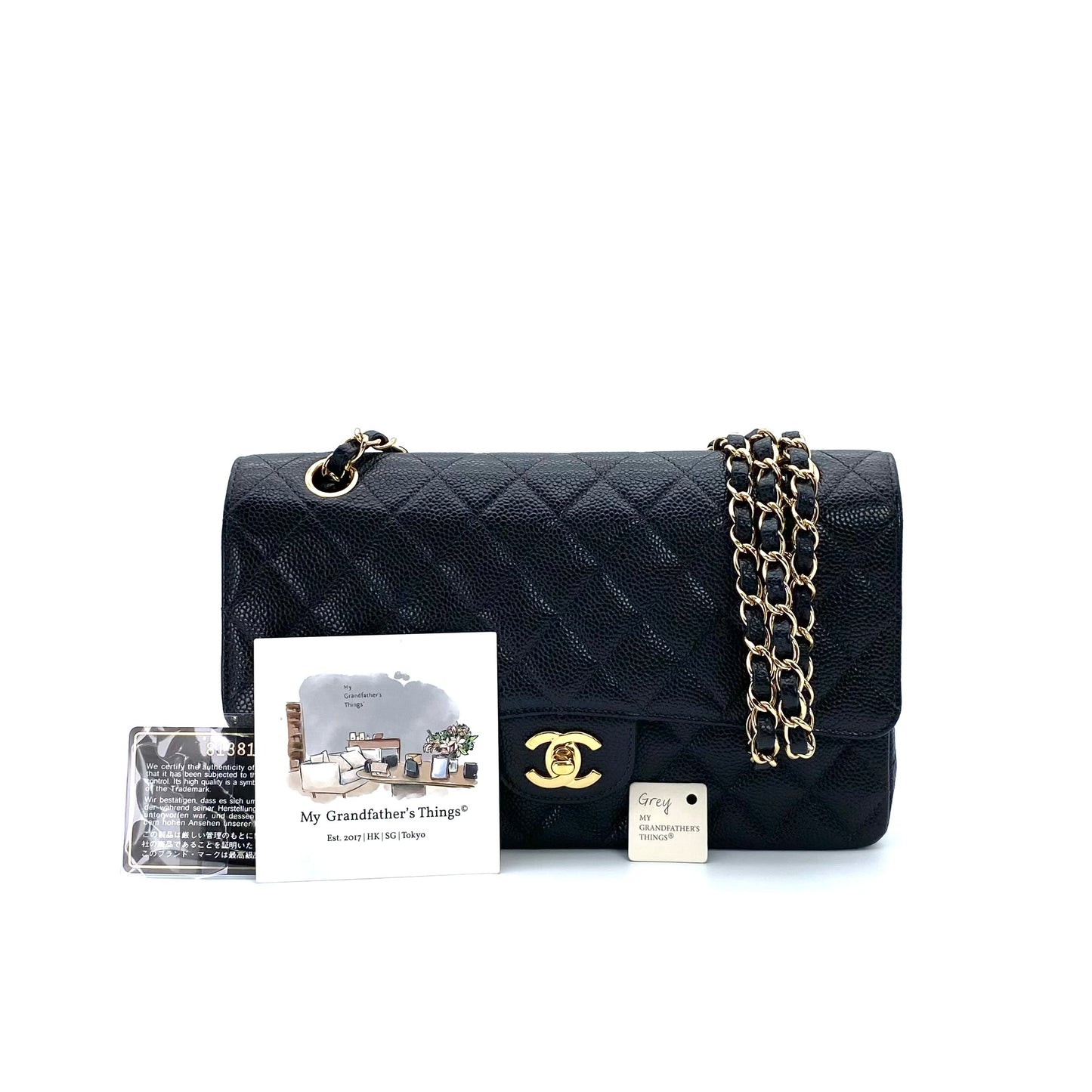 Grey, 8 Series Medium Classic Flap Black Caviar with seal and card