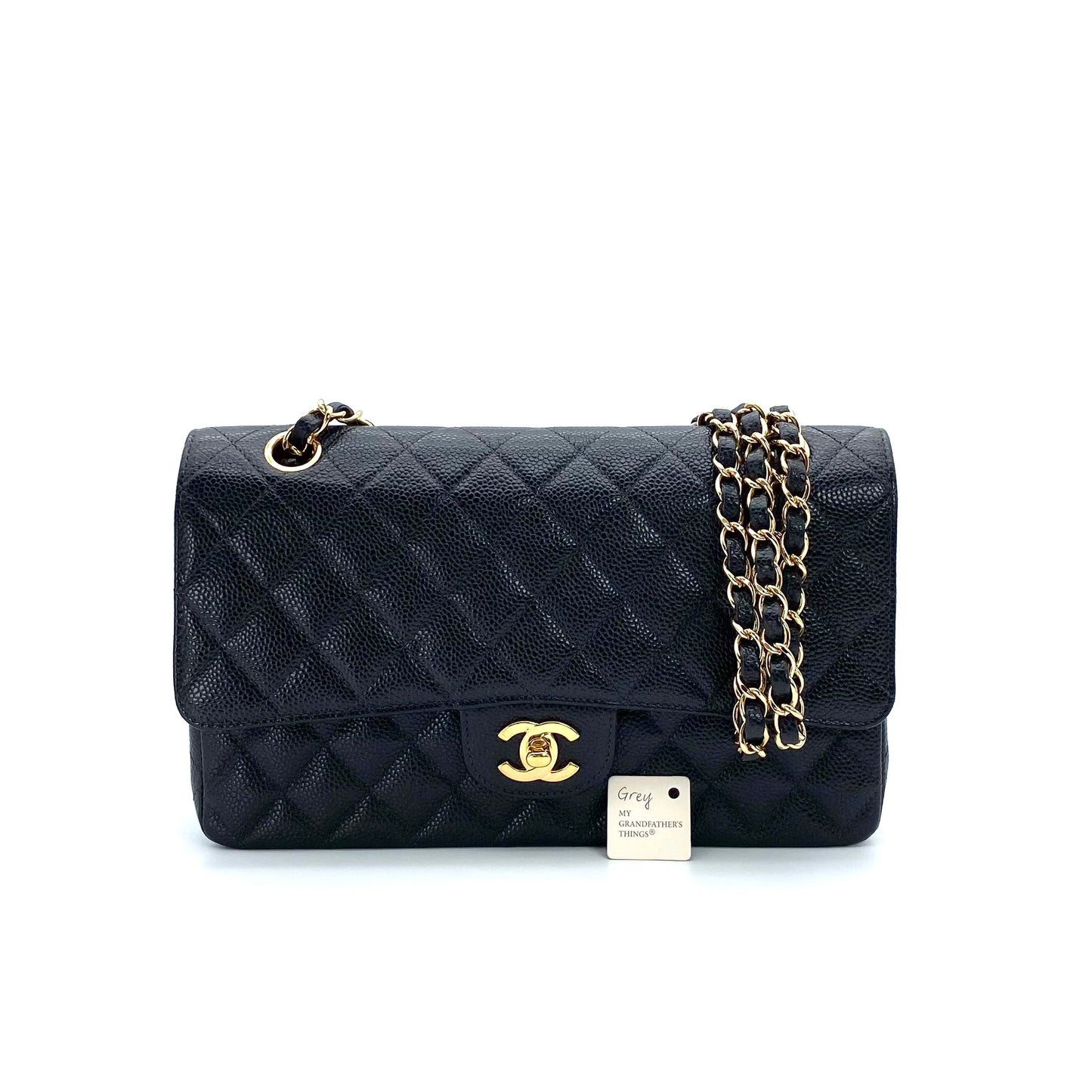 Grey, 8 Series Medium Classic Flap Black Caviar with seal and card