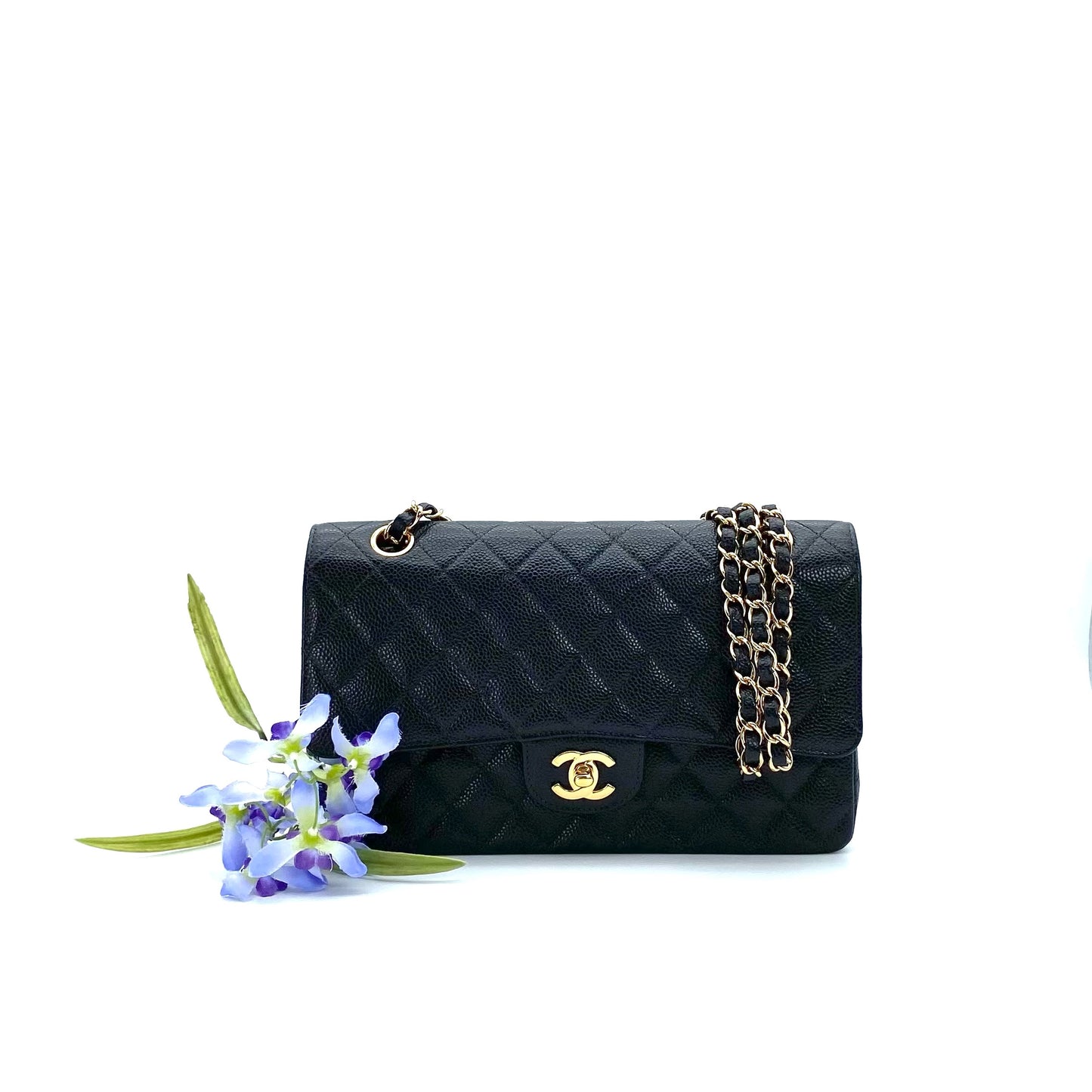 Grey, 8 Series Medium Classic Flap Black Caviar with seal and card