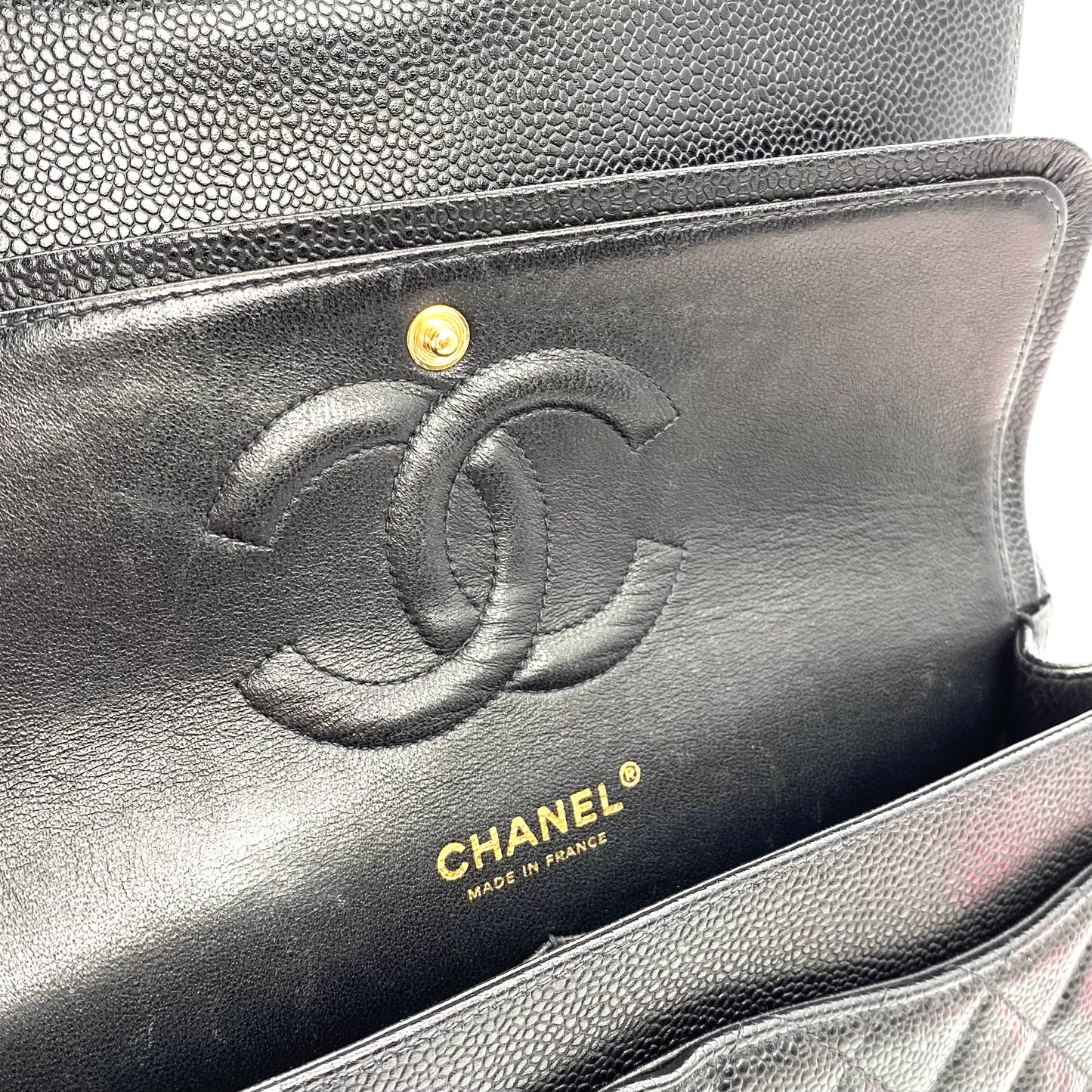 Grey, 8 Series Medium Classic Flap Black Caviar with seal and card