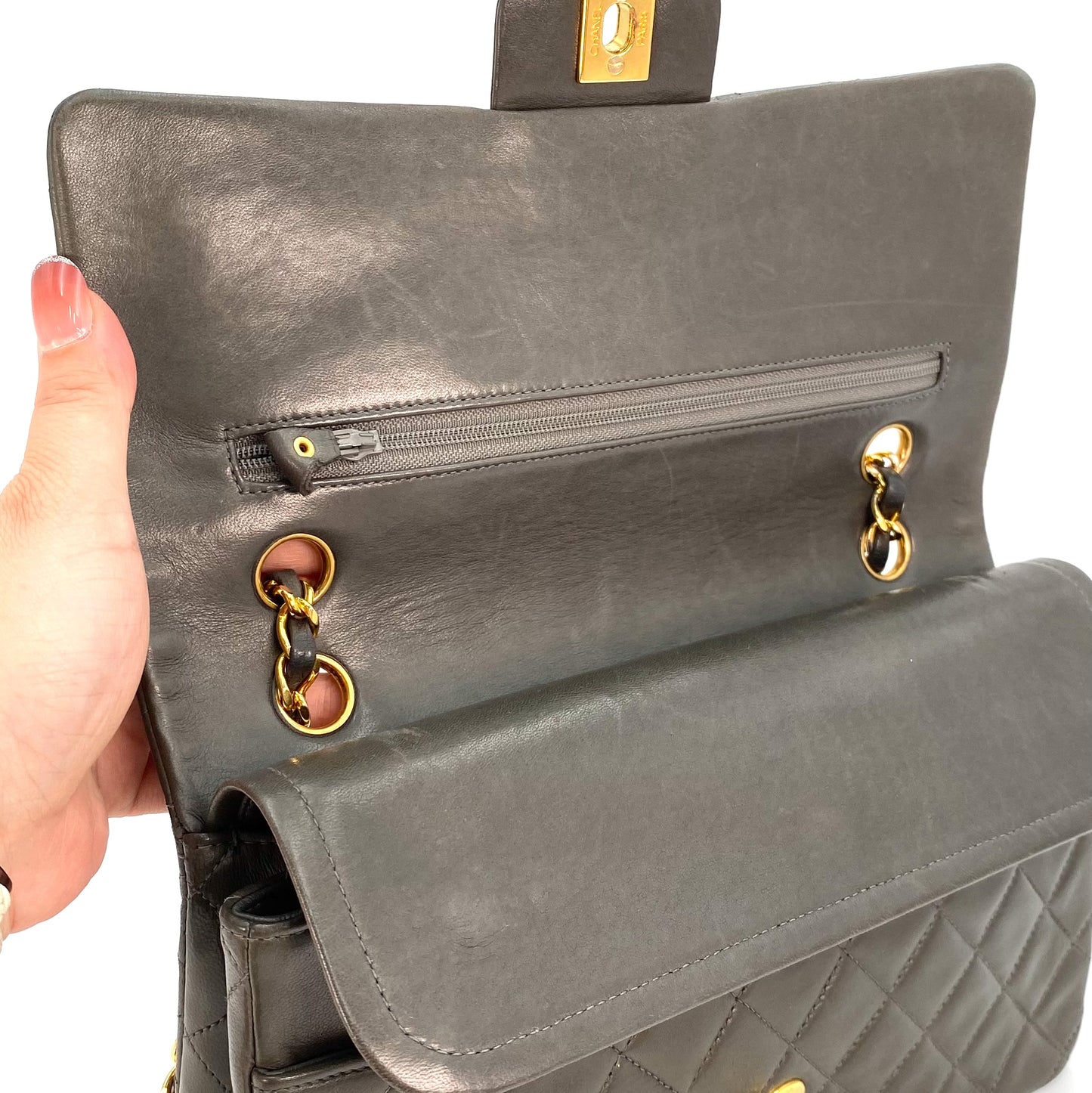 Samara, 3 Series Medium Classic Flap Grey Lambskin with seal and card