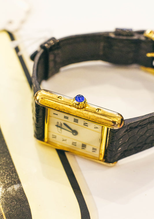 Enigma, Vintage Authentic Cartier 1980-1990's tank vermeil 925 gold plated column white roman dial with gold lapted pin buckle
