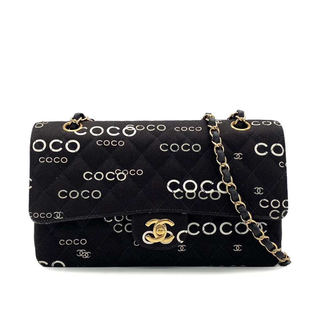 Evienne, 7 Series Coco Print Black Canvas Gold  Hardware with seal and card