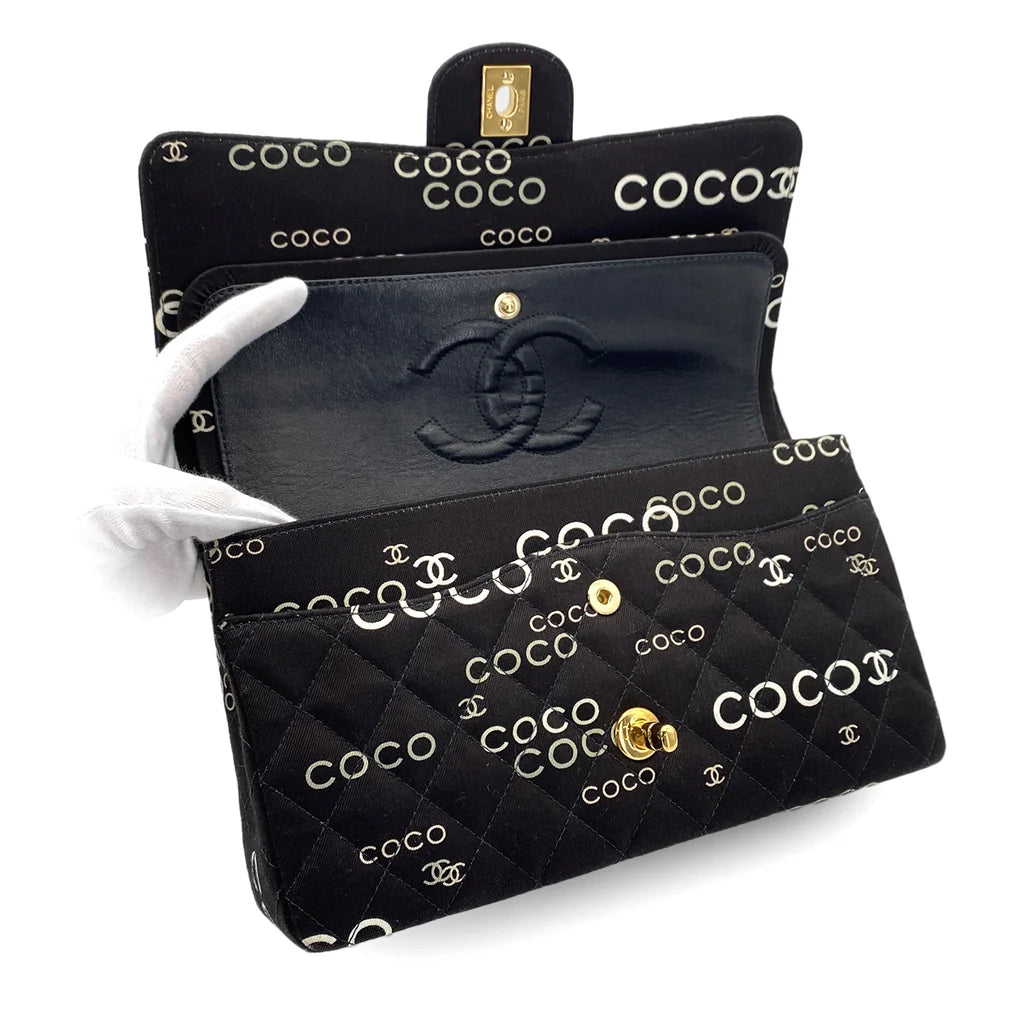 Evienne, 7 Series Coco Print Black Canvas Gold  Hardware with seal and card