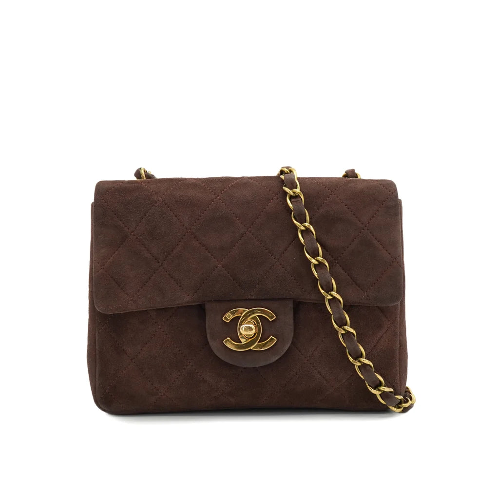 Elsinia, 3 Series Mini Square 17cm Brown Suede Gold Hardware  with seal only