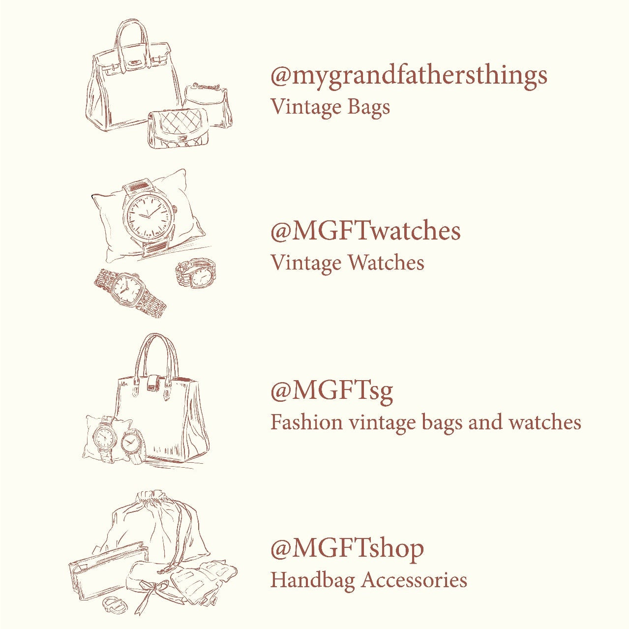Promotional graphic for MGFT with illustrations of bags and watches and text about vintage items.