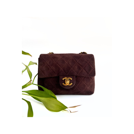 Elsinia, 3 Series Mini Square 17cm Brown Suede Gold Hardware with seal only