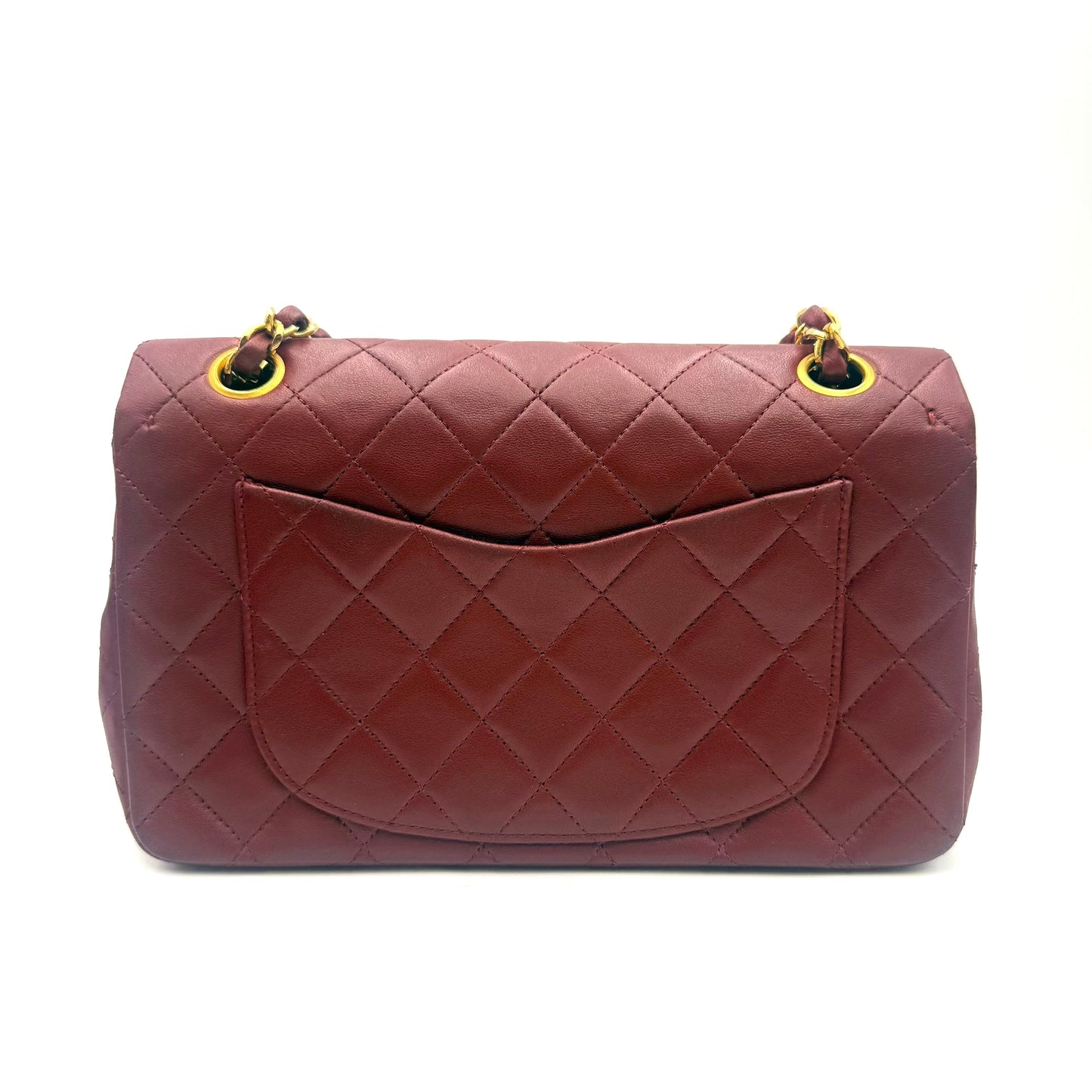 Dahlia, 1 series small classic flap burgundy lambskin with contrast black lining seal and card